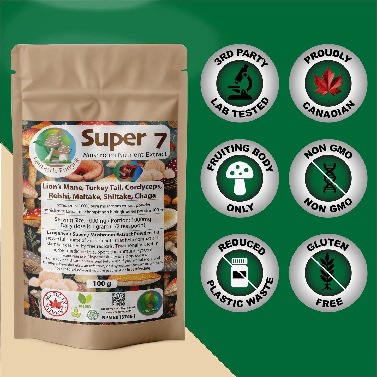 Organic Super Seven Mushroom blend extract powder – Halal, Kosher, Vegan, Non-GMO