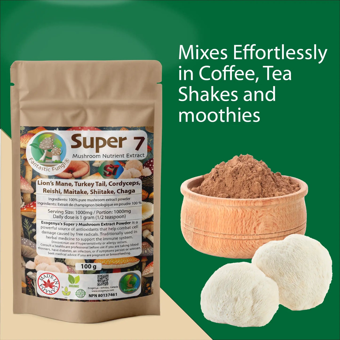 Organic Super Seven Mushroom blend extract powder – Halal, Kosher, Vegan, Non-GMO