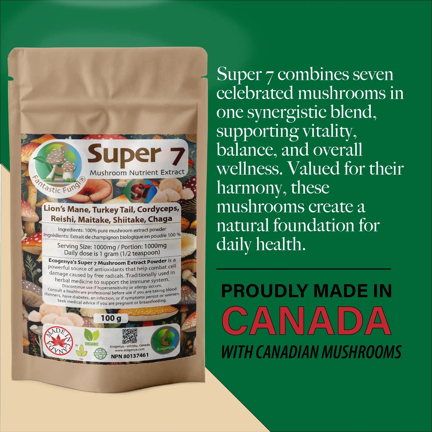 Organic Super Seven Mushroom blend extract powder – Halal, Kosher, Vegan, Non-GMO