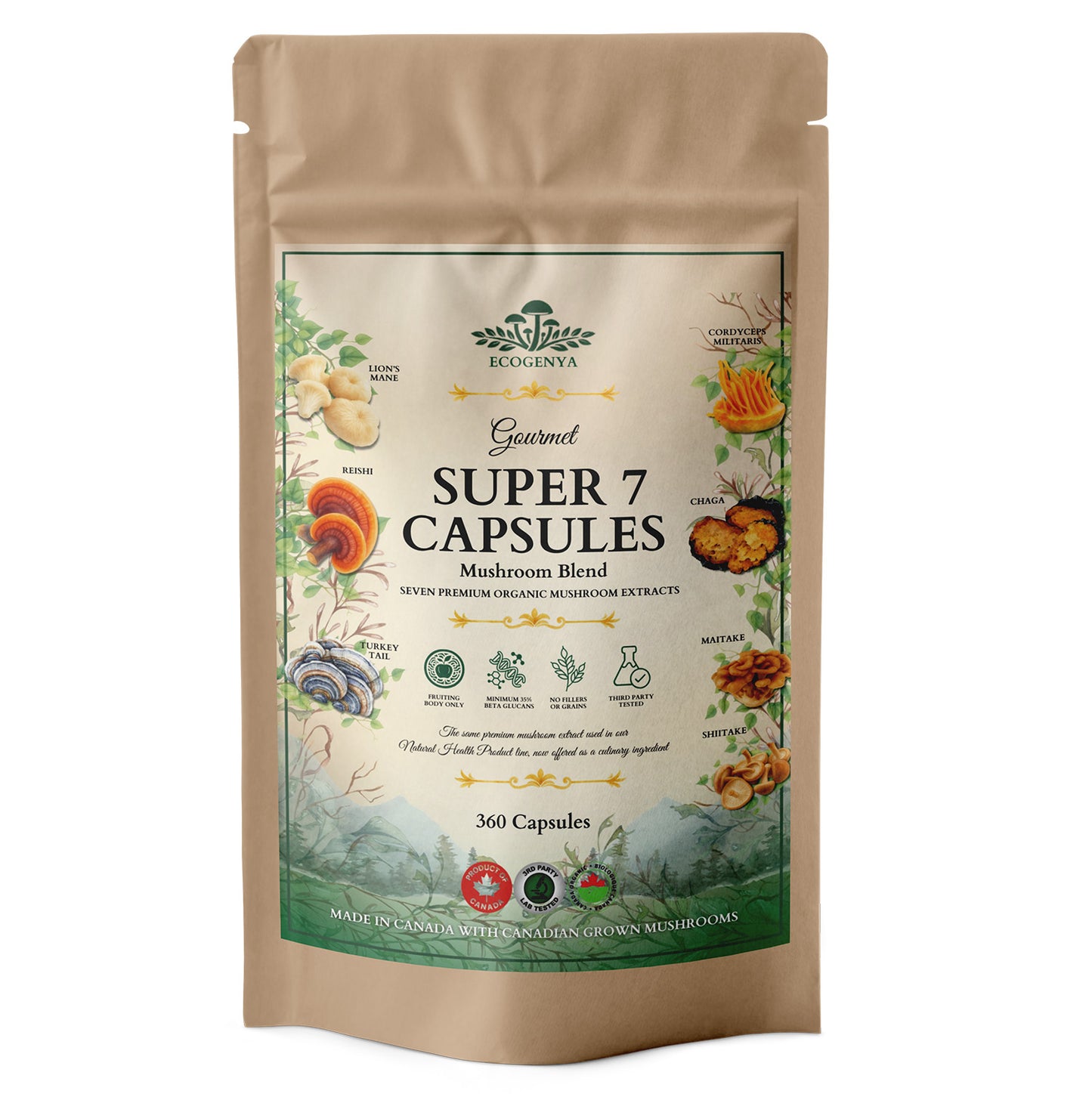 Ecogenya Daily Super 7 Mushroom Capsules – 7 Organic Fruiting Body Extracts, 1000 mg, One a Day