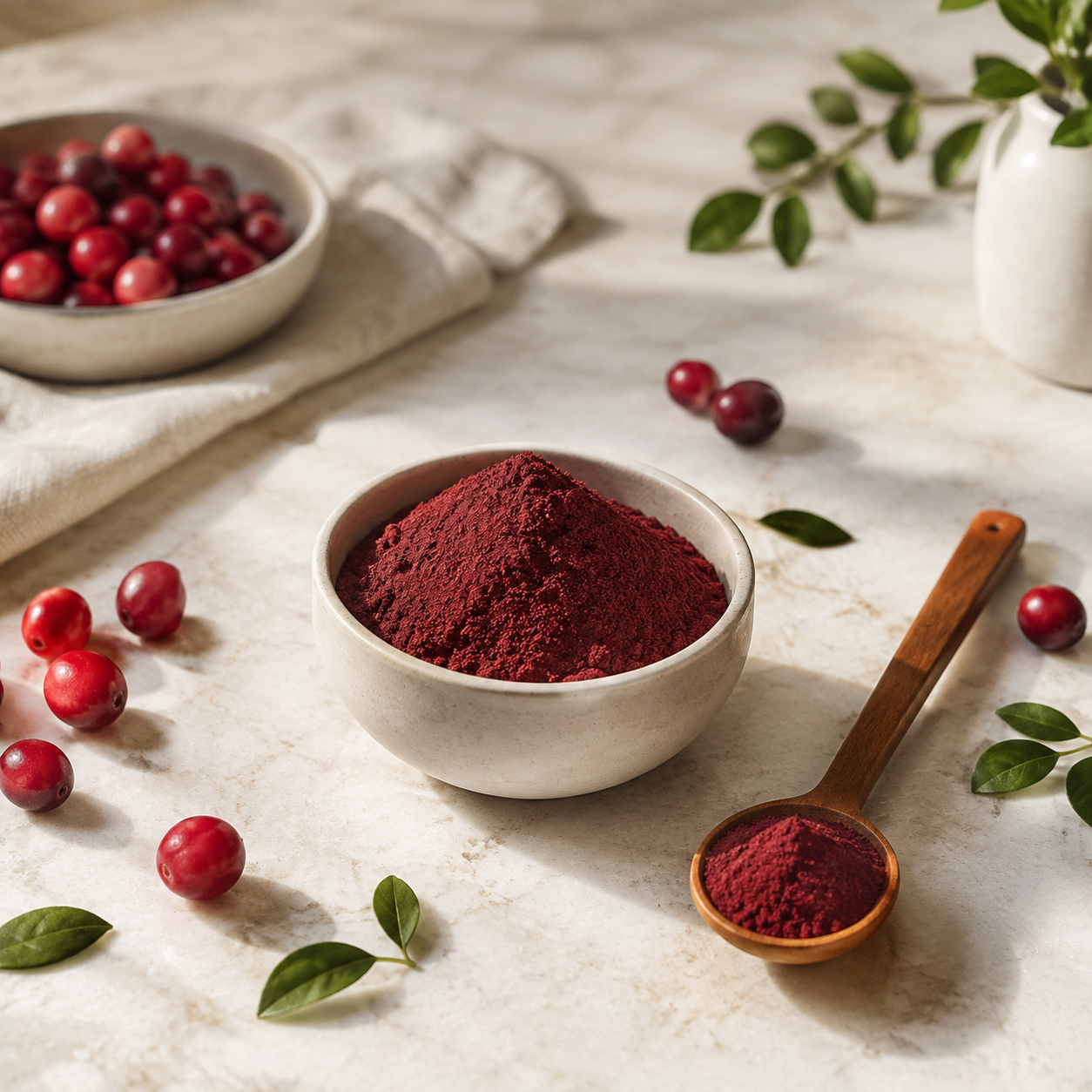 Cranberry extract powder in a ceramic bowl with fresh cranberries and a wooden spoon on a light stone surface.