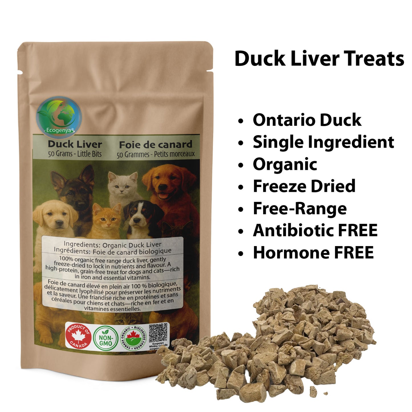 Ecogenya Freeze-Dried Duck Liver Treats, little bits with a pile, 50g — packaged in Canada