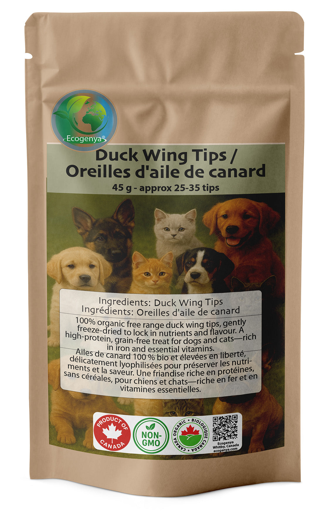 Ecogenya Freeze-Dried Duck Wing Tips in a kraft stand-up pouch — packaged in Canada