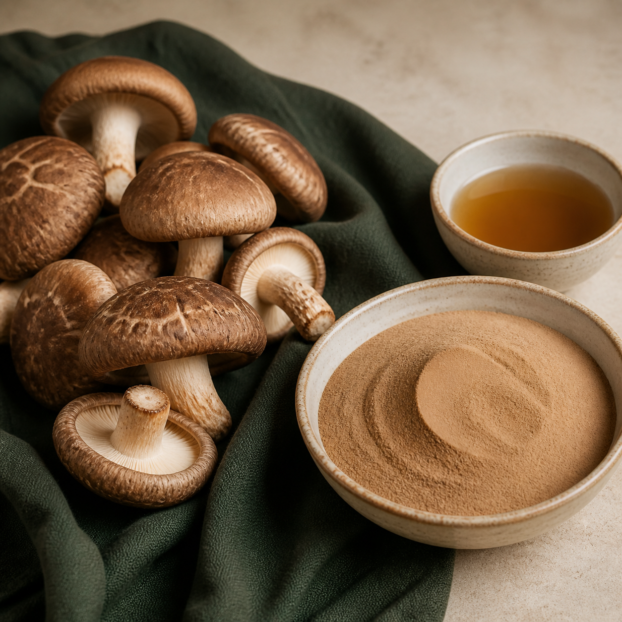 Shiitake mushrooms with fine extract powder and broth