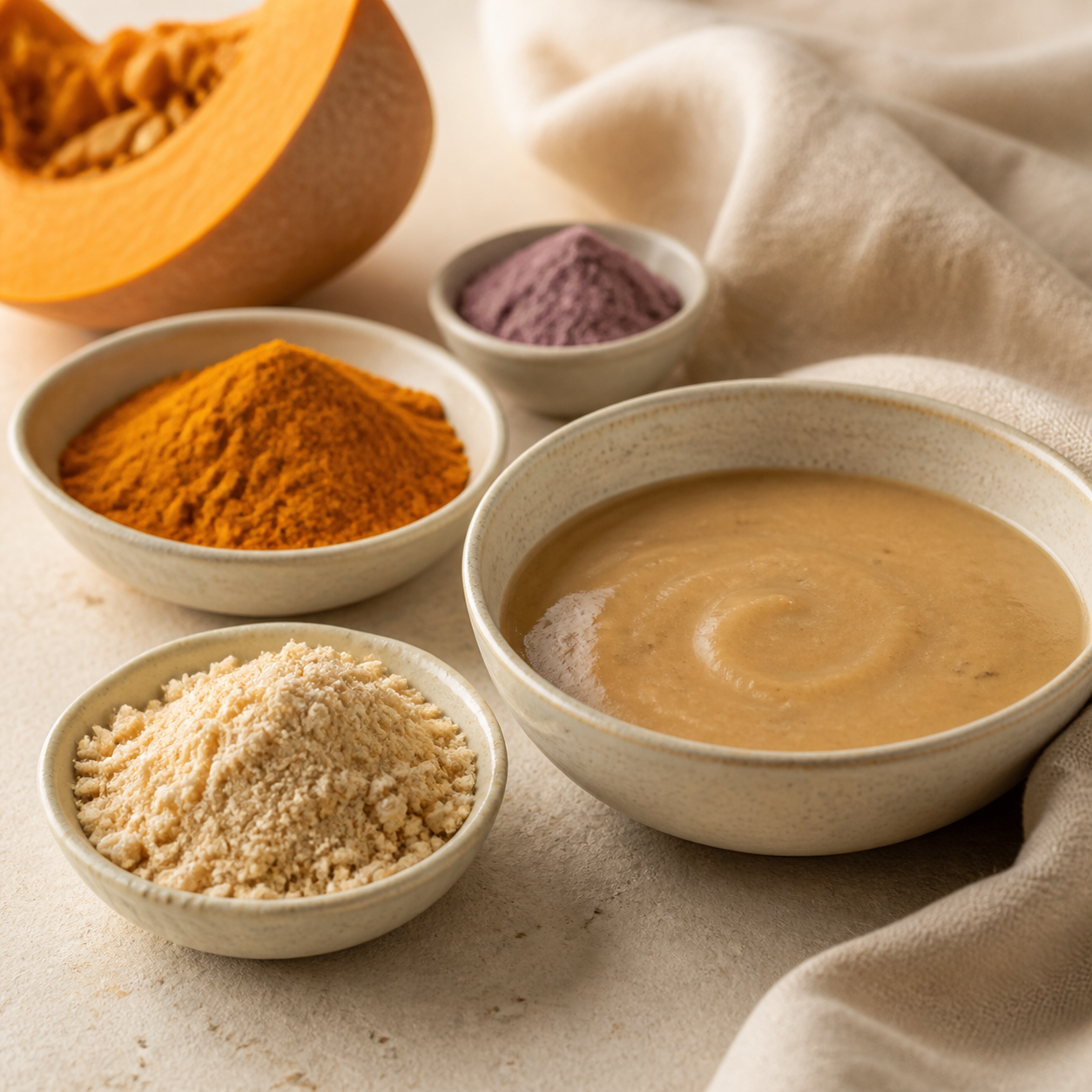 Peanut and pumpkin powders with a prepared creamy pet gravy
