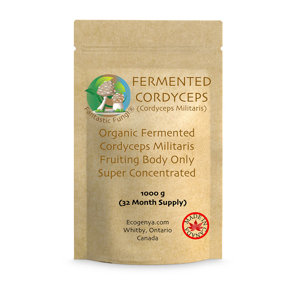 Ecogenya Fermented Cordyceps Mushroom Extract Powder in a kraft stand-up pouch — packaged in Canada
