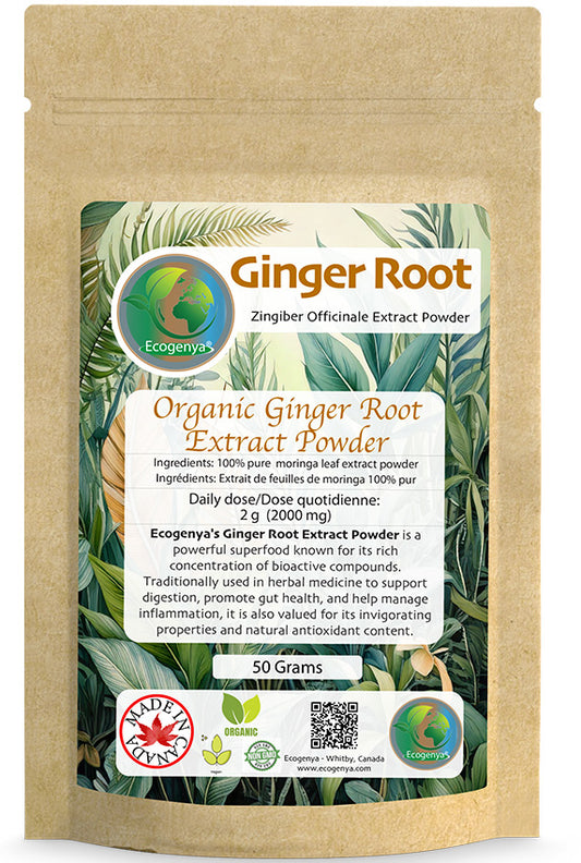 Ecogenya Organic Ginger Root Extract in a kraft stand-up pouch — packaged in Canada