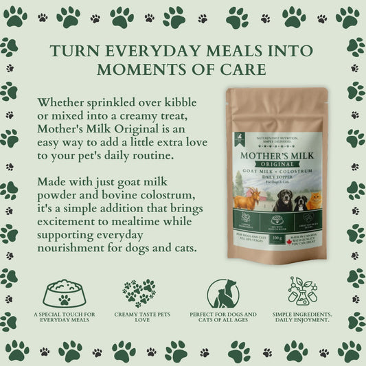 Ecogenya Mother's Milk Original daily topper pouch on a sage-green graphic, 'Turn everyday meals into moments of care,' with icons for a special touch at mealtime, creamy taste, suitability for dogs and cats of all ages, and simple ingredients.