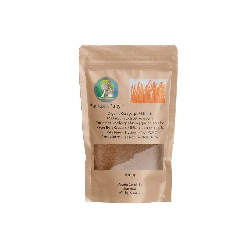 Organic Cordyceps Militaris Mushroom extract powder / Extrait de Cordyceps Militaris biologique en poudre – Halal, Kosher, Vegan, Non-GMO - Ecogenya