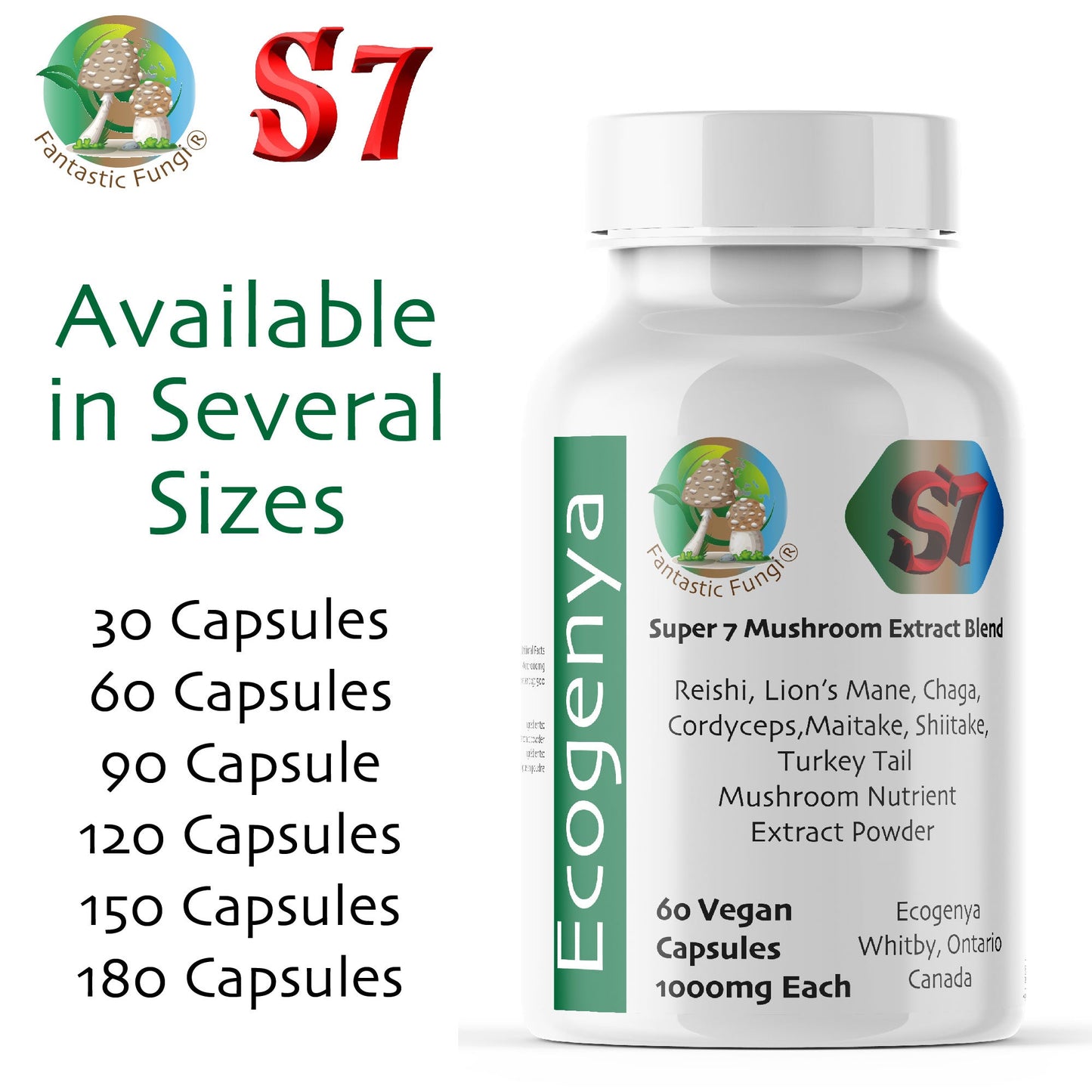 Organic Super Seven Mushroom blend extract Capsules – Halal, Kosher, Vegan, Non - GMO - Ecogenya