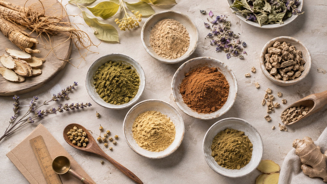 Botanical extract powders with dried roots, leaves and flowers in ceramic dishes