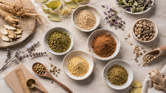 Botanical extract powders with dried roots, leaves and flowers in ceramic dishes