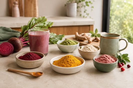 Colourful botanical extract powders beside a smoothie and warm drink in a bright kitchen