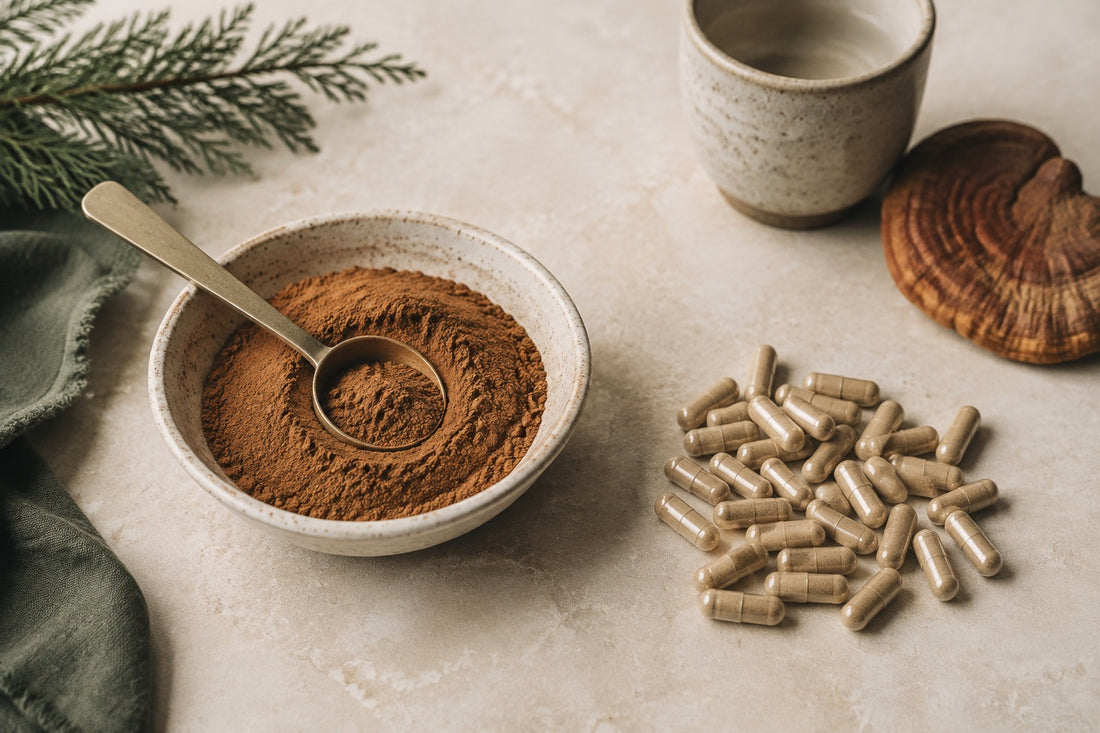 Mushroom extract powder and vegetarian capsules compared on a warm stone surface