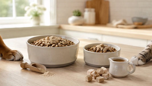 Dog and cat food bowls with powder, gravy and freeze-dried pet toppers