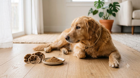 Healthy dog beside turkey tail mushroom powder