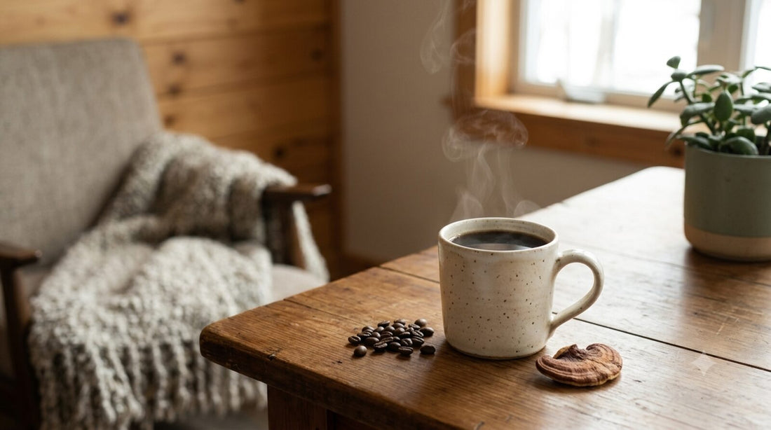 A warm cup of Ecogenya mushroom coffee on a wooden table