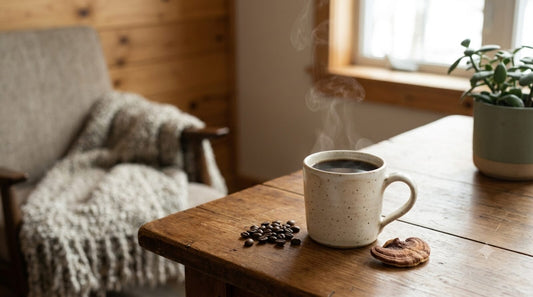 A warm cup of Ecogenya mushroom coffee on a wooden table