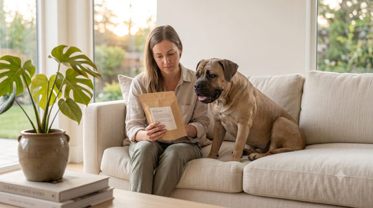 Owner checking turkey tail label next to a happy dog