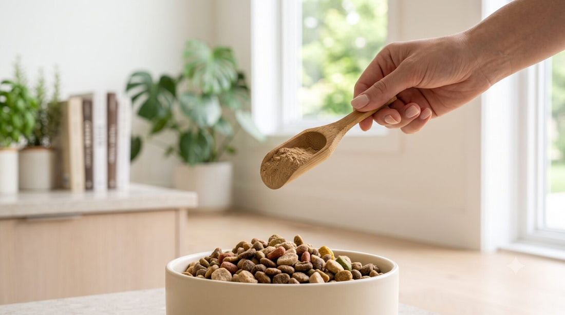 Measuring turkey tail with the bamboo scoop over a dog's food