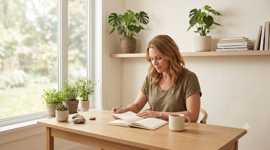 Person focusing at a desk with coffee