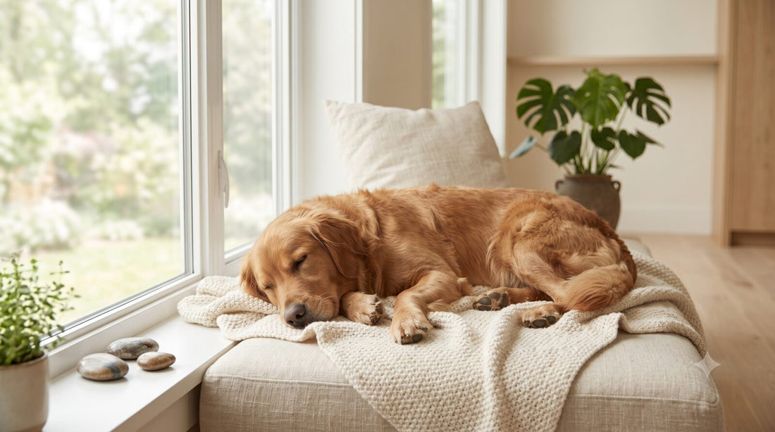 Calm, relaxed dog resting in a blanket