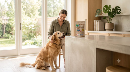 Owner and dog with a functional mushroom supplement