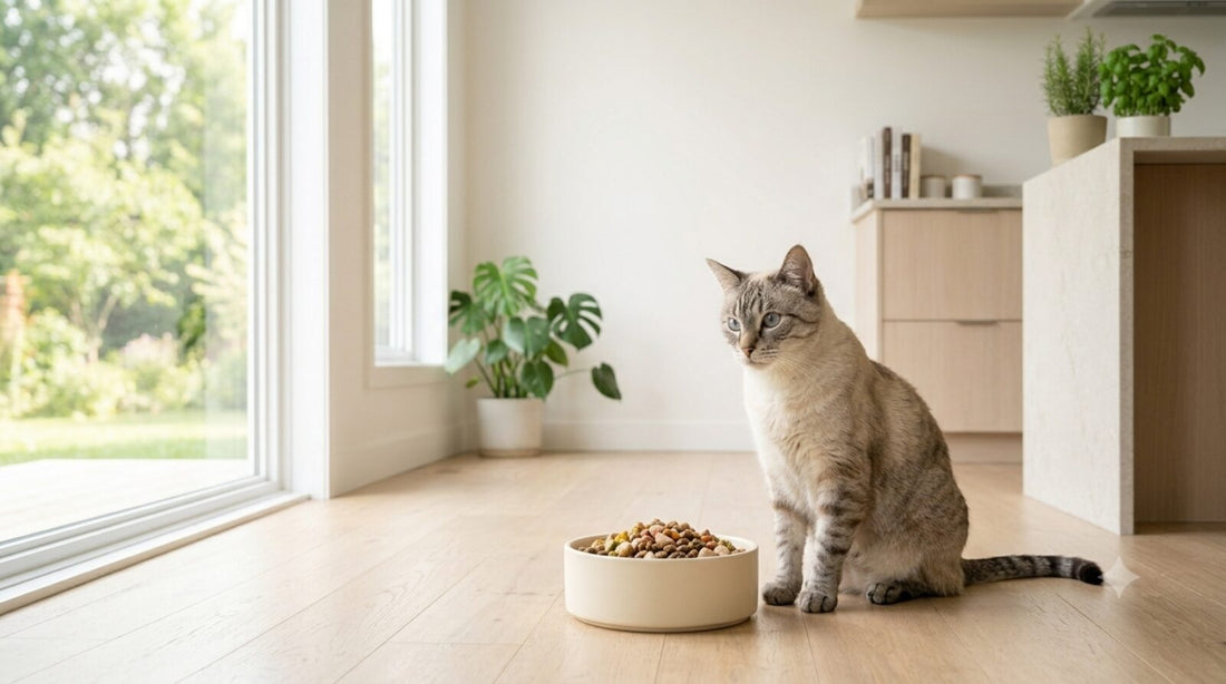 Cat beside a bowl with a mushroom supplement