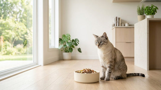 Cat beside a bowl with a mushroom supplement