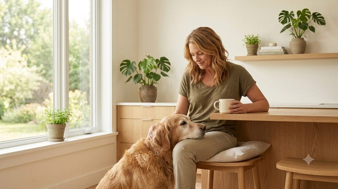 Owner and senior dog in a morning routine