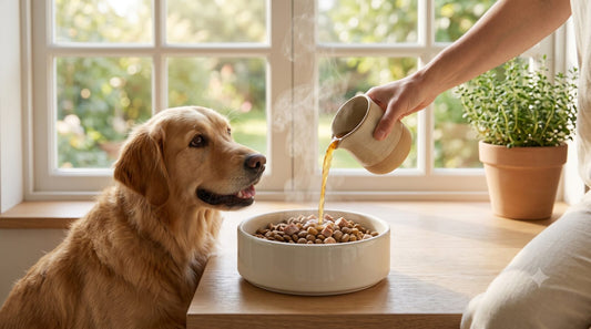 Bone broth poured over a dog's food
