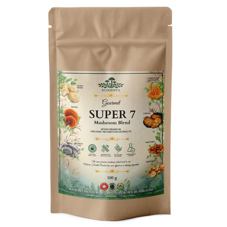 Ecogenya Gourmet mushroom extract powders in kraft bags