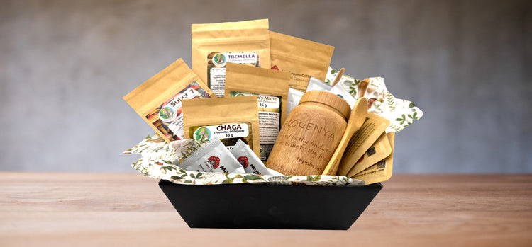 Ecogenya wellness gift basket with mushroom extracts, bamboo canister and spoon