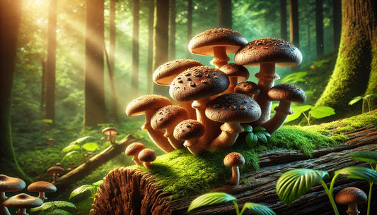Ecogenya Gourmet Shiitake Mushroom Powder, shiitake growing on a log in the forest — packaged in Canada