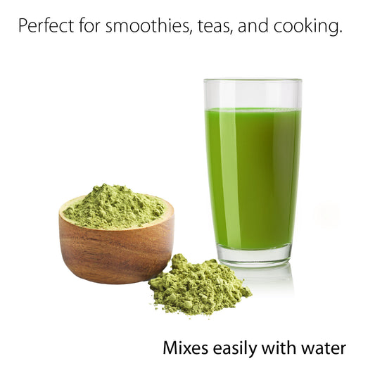 Ecogenya Organic Moringa Leaf Powder mixing easily into a glass — packaged in Canada
