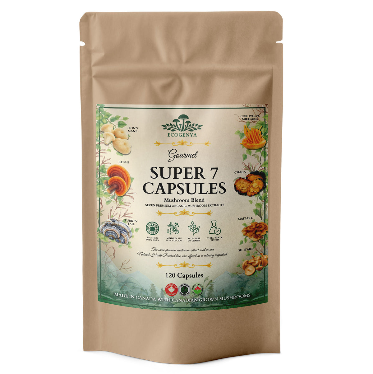 Ecogenya Daily Super 7 Mushroom Capsules, 120-capsule kraft pouch