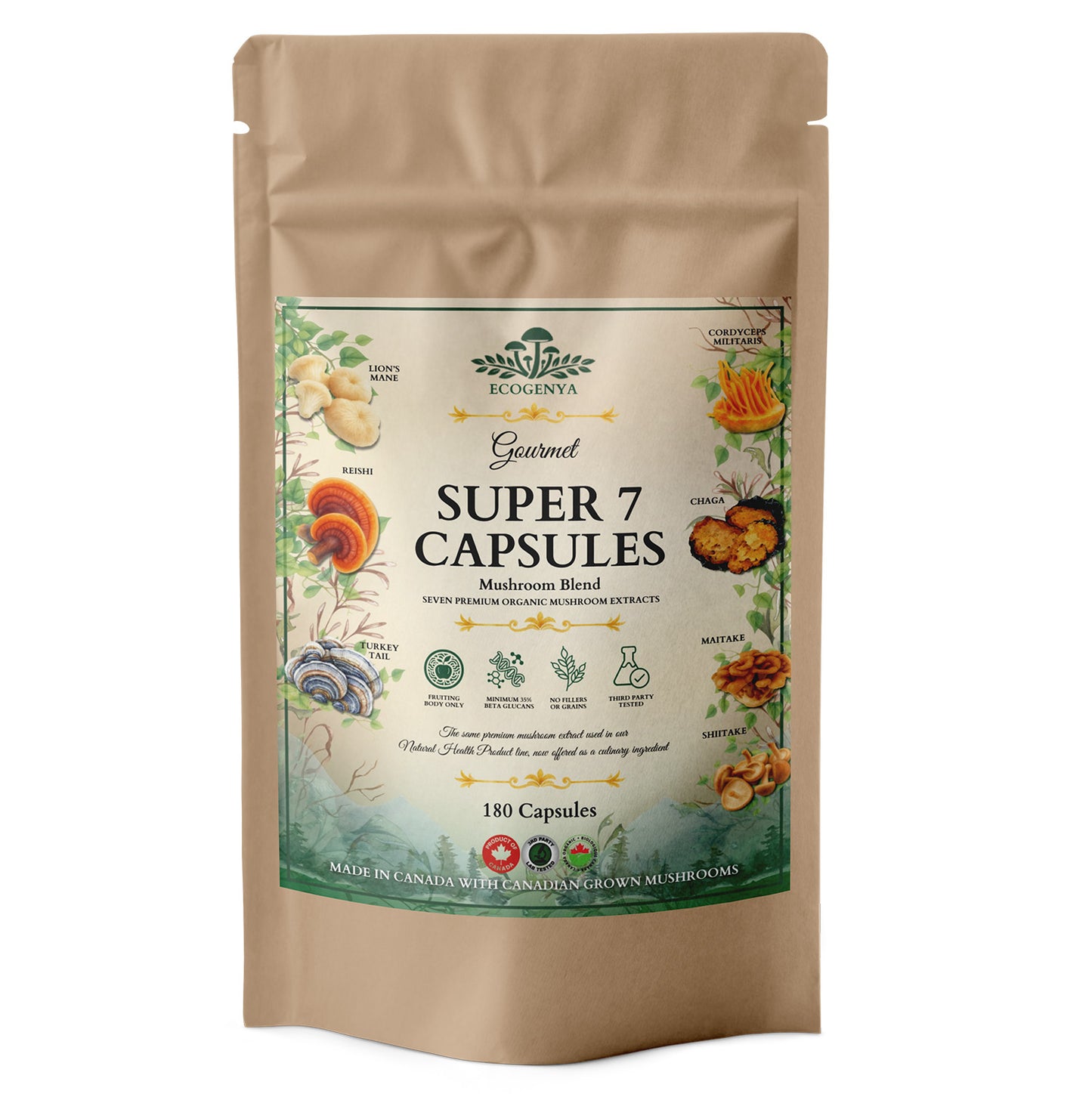 Ecogenya Daily Super 7 Mushroom Capsules – 7 Organic Fruiting Body Extracts, 1000 mg, One a Day