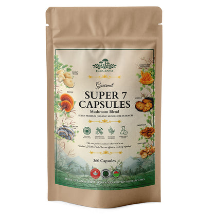 Ecogenya Daily Super 7 Mushroom Capsules – 7 Organic Fruiting Body Extracts, 1000 mg, One a Day