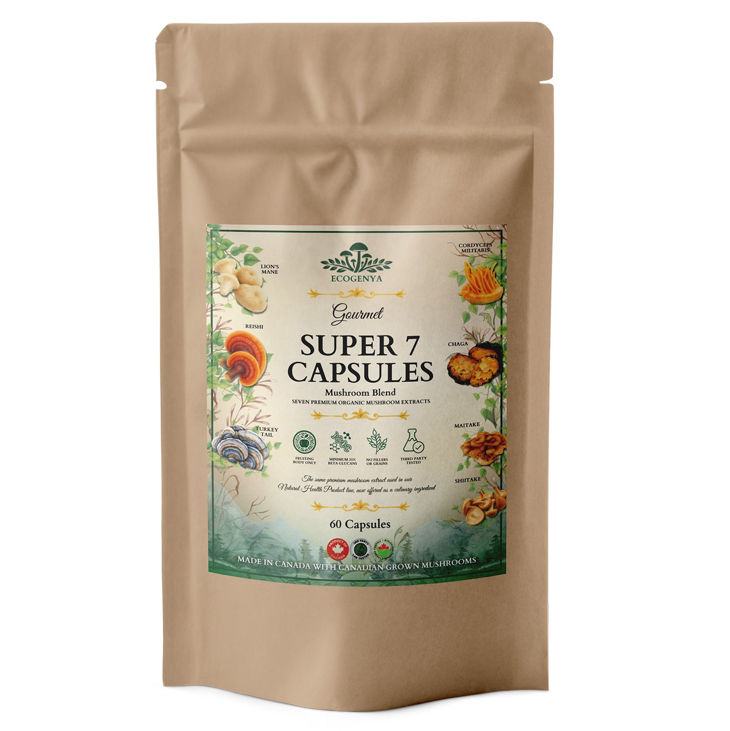 Ecogenya Daily Super 7 Mushroom Capsules – 7 Organic Fruiting Body Extracts, 1000 mg, One a Day