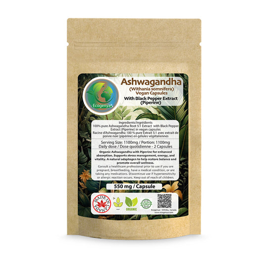 Ecogenya Organic Ashwagandha 5:1 Extract + Piperine | 1100mg Daily Dose | Stress, Sleep, Vitality Support | 550mg Vegan Capsules | Non-GMO, Made in Canada