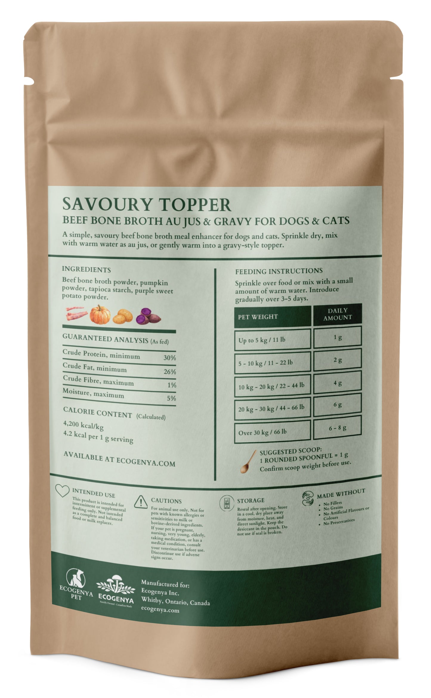 Ecogenya Savoury Topper Beef Bone Broth, 100g — back label, packaged in Canada