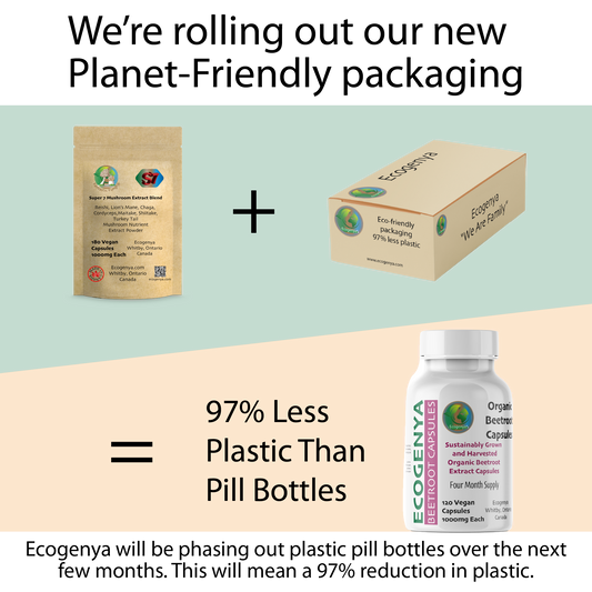 Ecogenya Organic Beetroot Capsules box versus a standard pill bottle — packaged in Canada