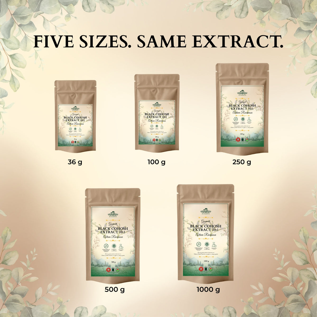 Ecogenya Black Cohosh Extract 10:1 available in 36 g, 100 g, 250 g, 500 g and 1000 g pouches