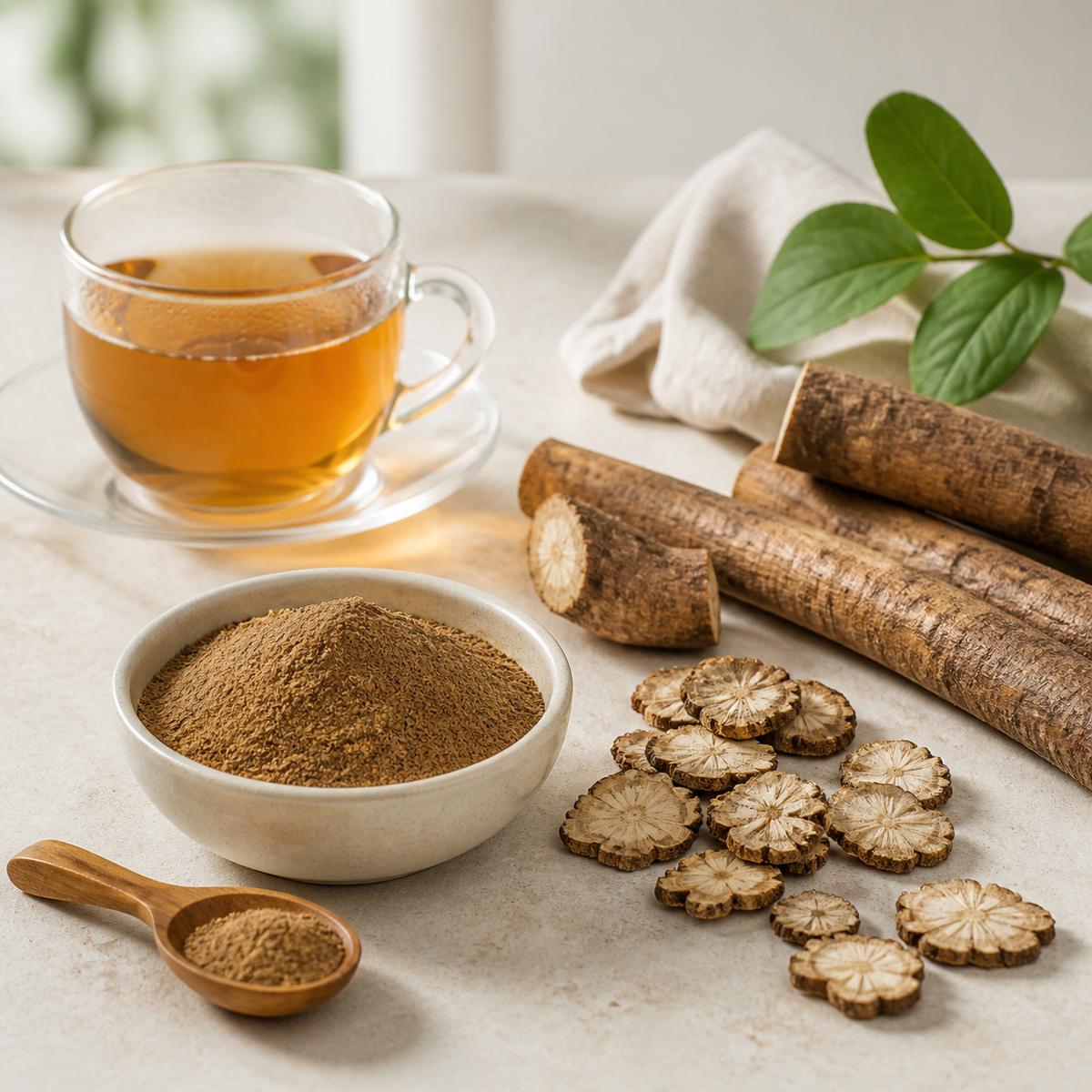 Burdock root extract powder with dried root slices and a warm herbal infusion on a light stone surface.