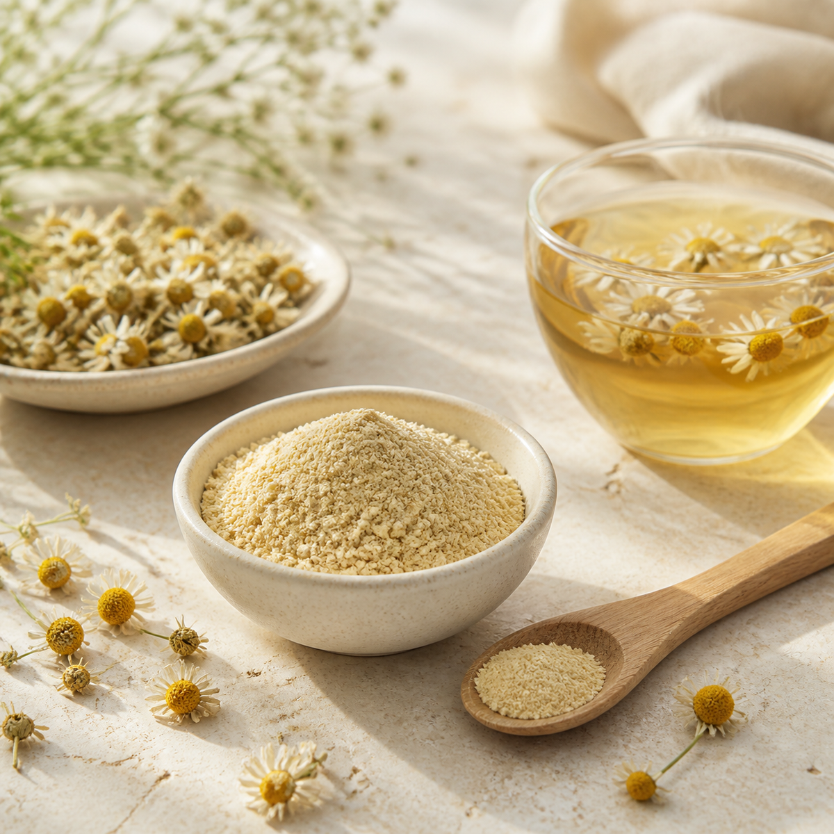 Chamomile extract powder with dried chamomile flowers and a golden herbal infusion on a light stone surface.