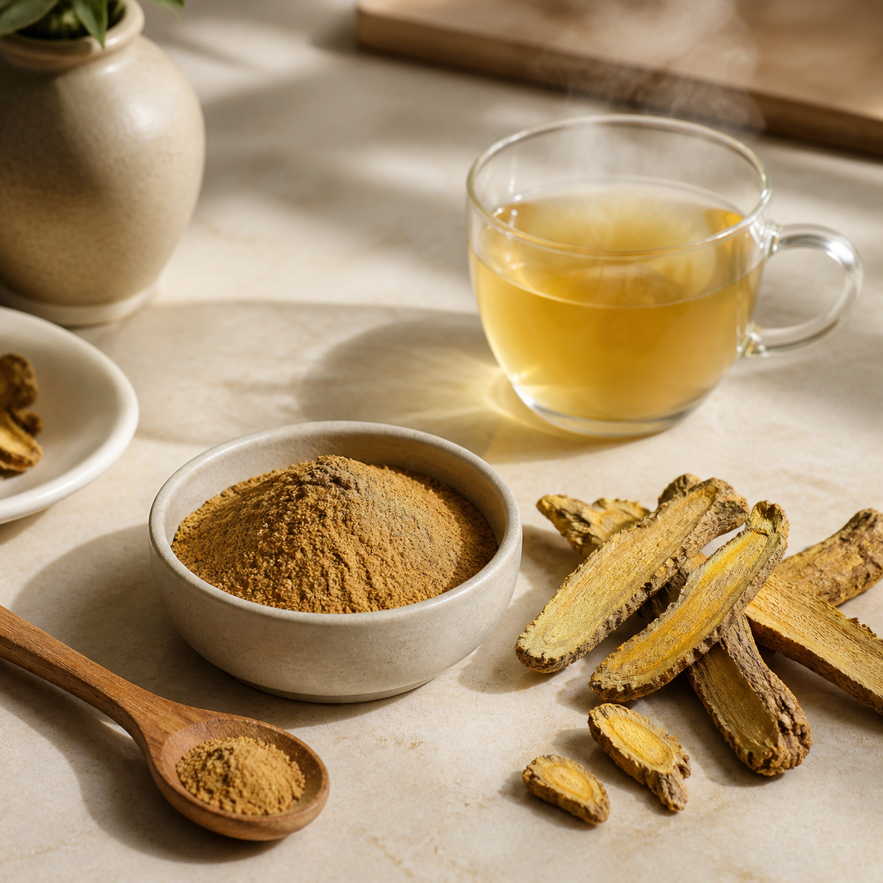 Chinese skullcap root extract powder with dried root slices and a warm herbal infusion on a light stone surface.