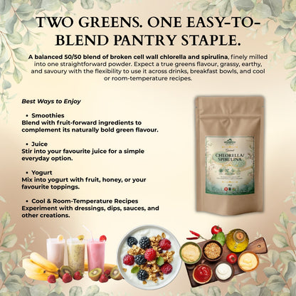 Ecogenya Daily Greens Poudre de Chlorelle et de Spiruline – Mélange 50/50 pour Smoothies et Jus