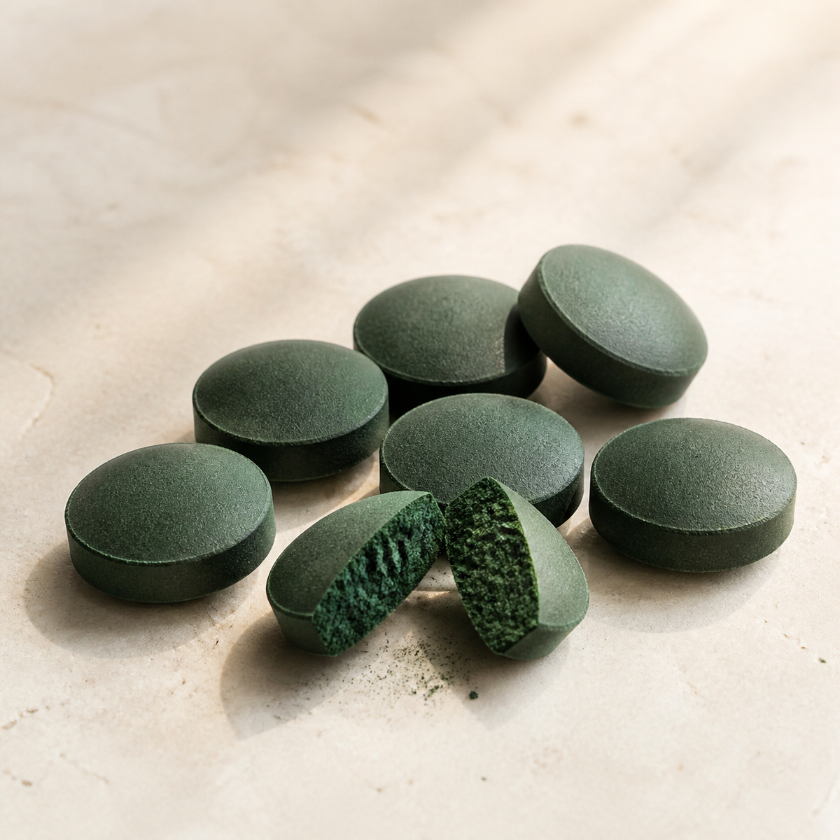 Deep green chlorella tablets with one tablet split open on warm cream stone