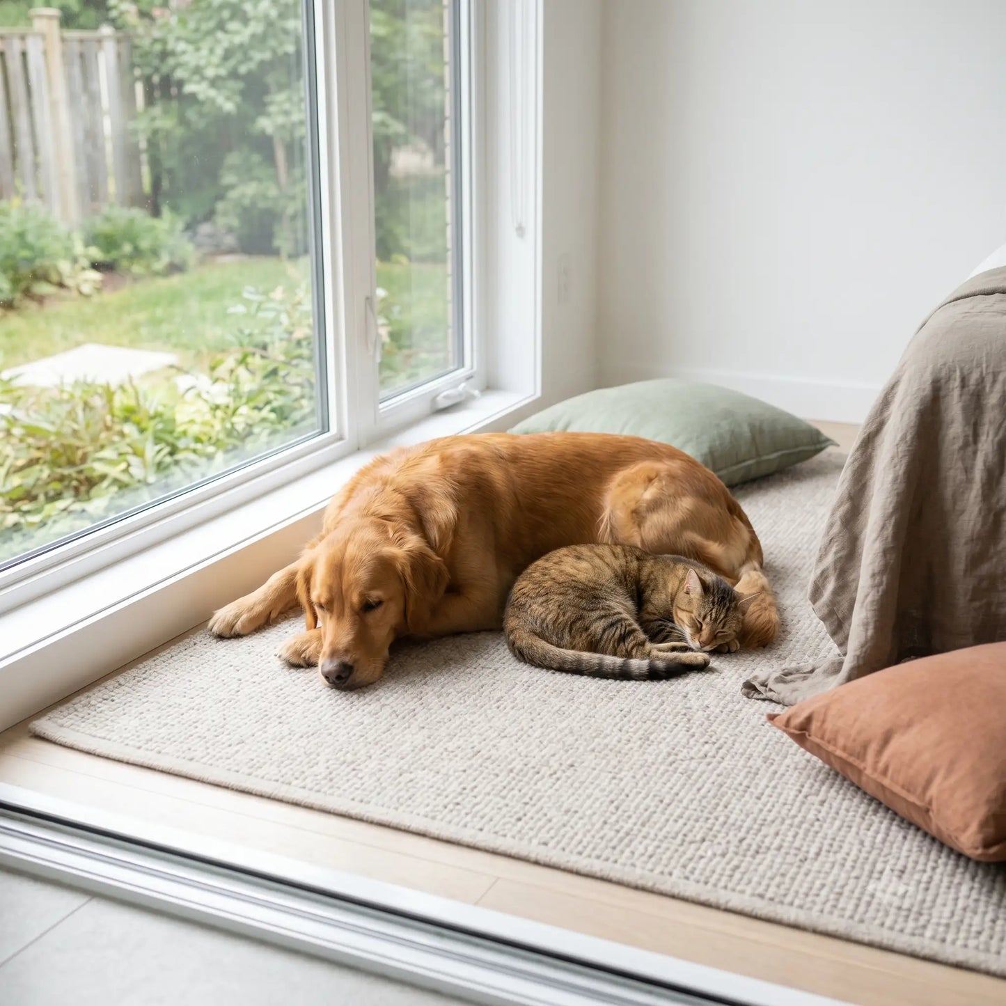 Ecogenya Super 7 Mushroom Blend for Pets, dog and cat resting by a window — packaged in Canada