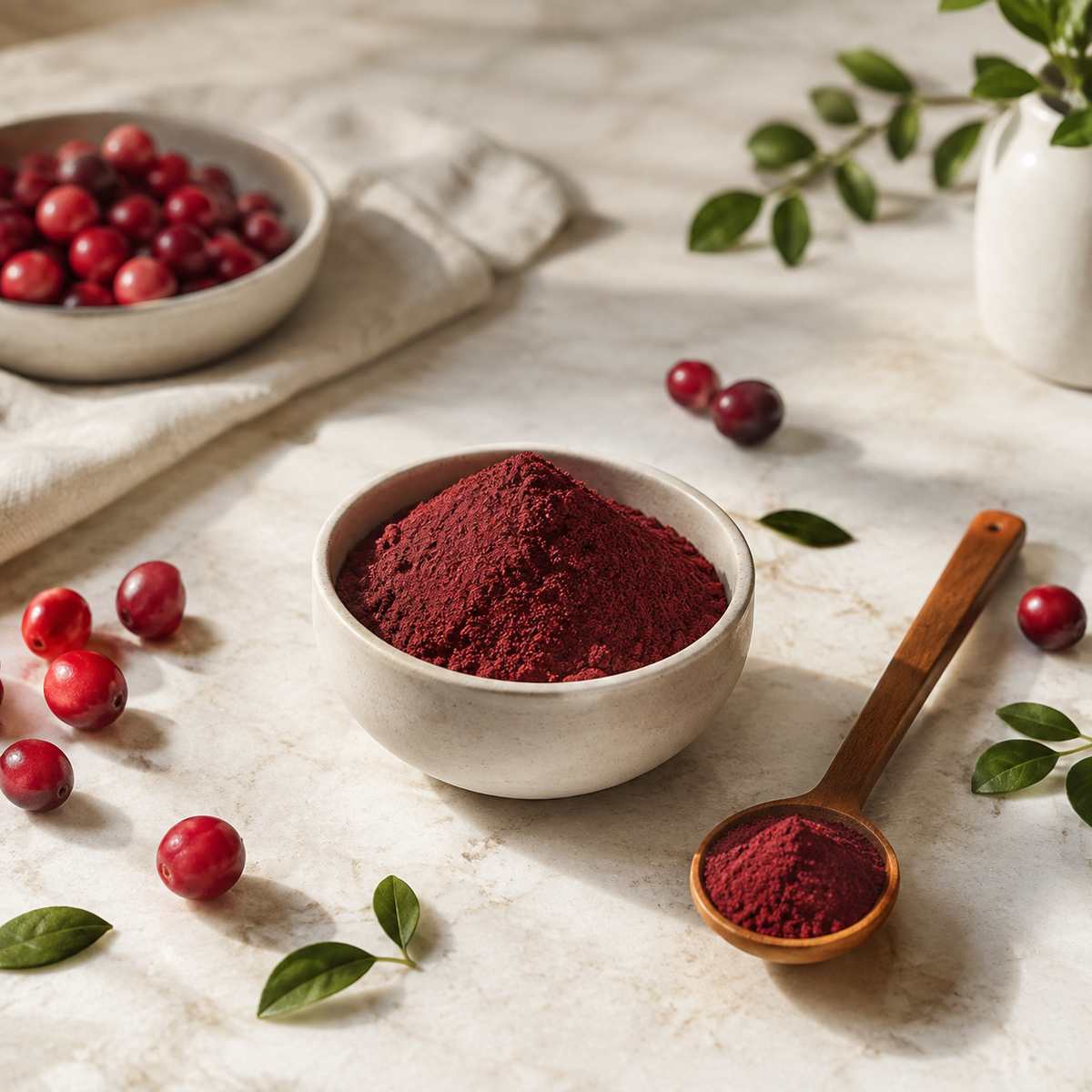 Cranberry extract powder in a ceramic bowl with fresh cranberries and a wooden spoon on a light stone surface.